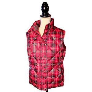 LANDS END Vest Size Med 10-12 Red Tartan Plaid Down Puffer Feather Snap